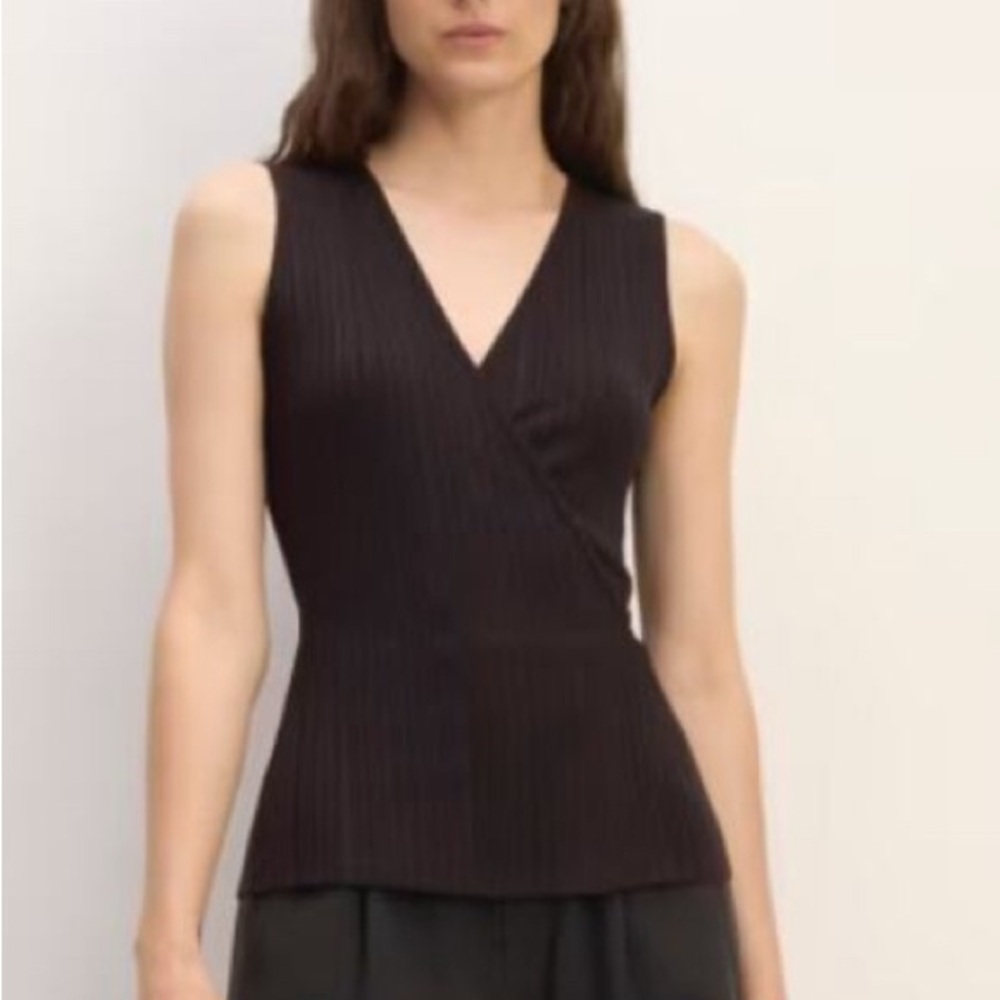 Everlane The Rib Wrap Black Sleeveless Blouse